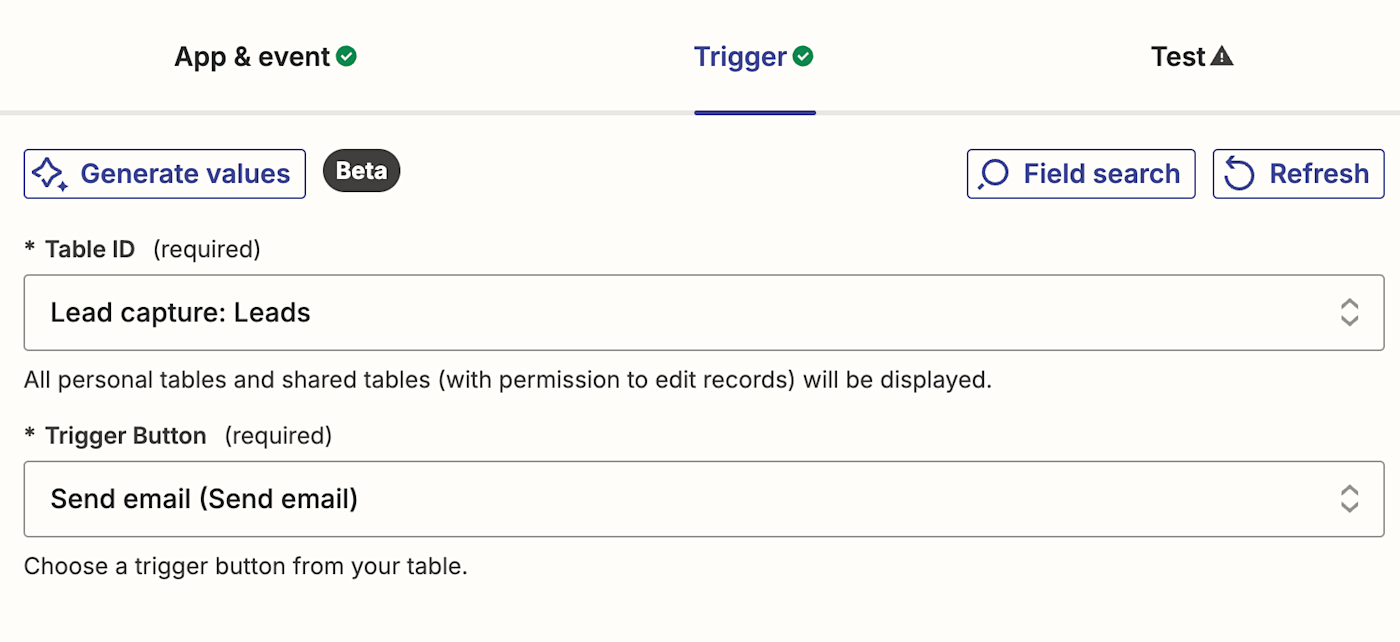 Screenshot of table id and trigger button