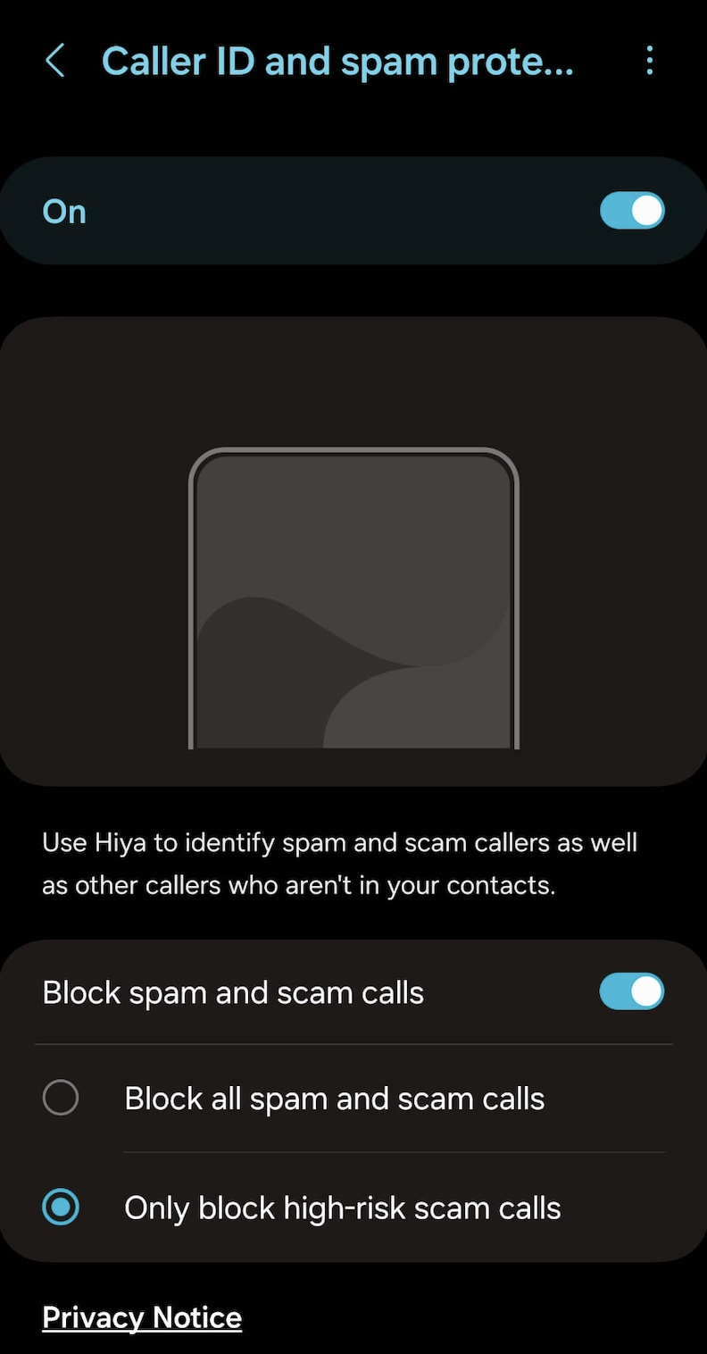 Caller ID and spam protection settings on an Android device. 