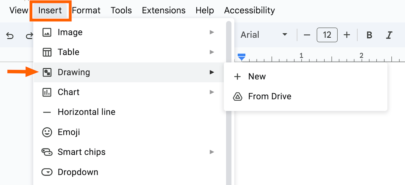 Expanded view of the insert dropdown in Google Docs with the drawing option selected. 