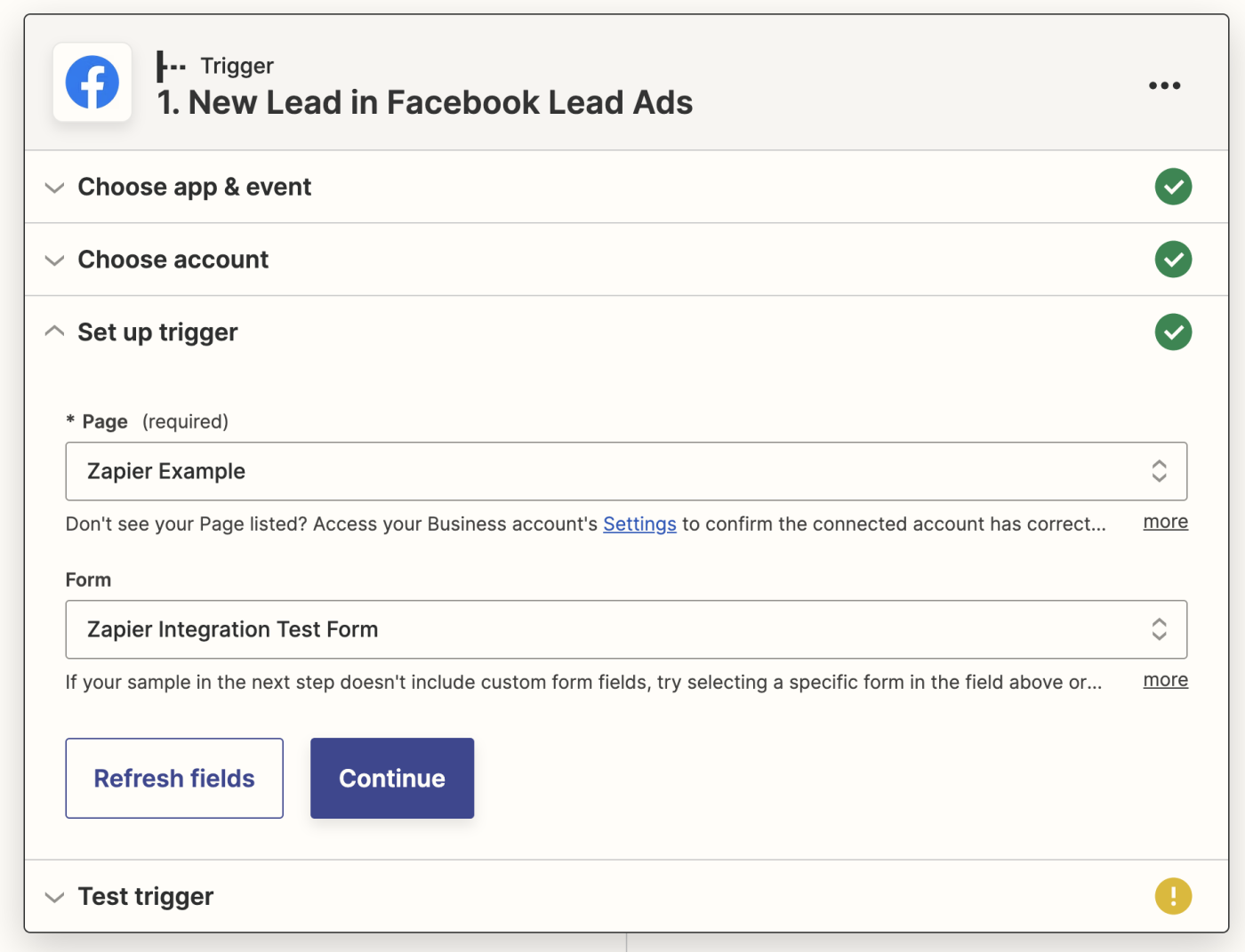 A Facebook Lead Ads trigger step in the Zap editor with a Facebook Lead Ads page and form selected.