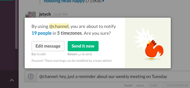 Slack notification warning: Are you sure you want to send this notification to 19 people