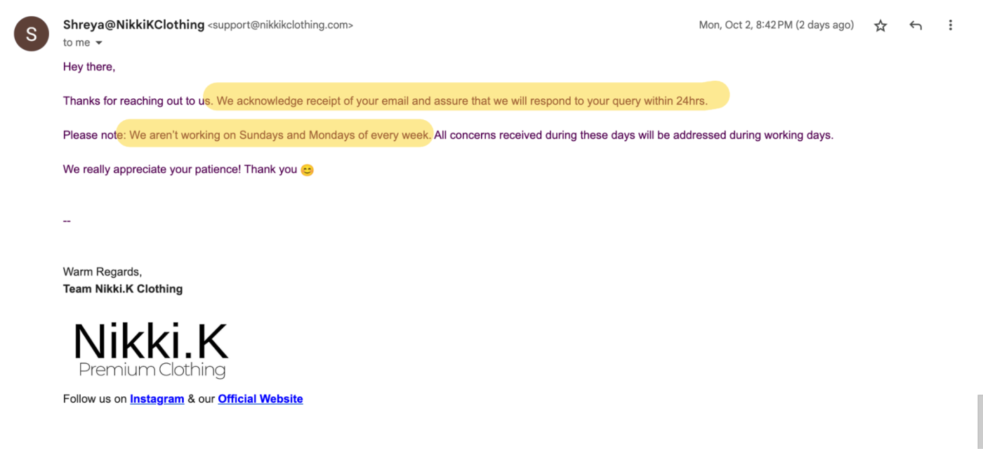 An automated email from Nikki.K clothing