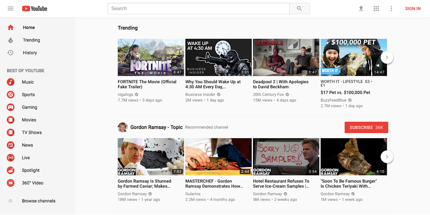 YouTube front page