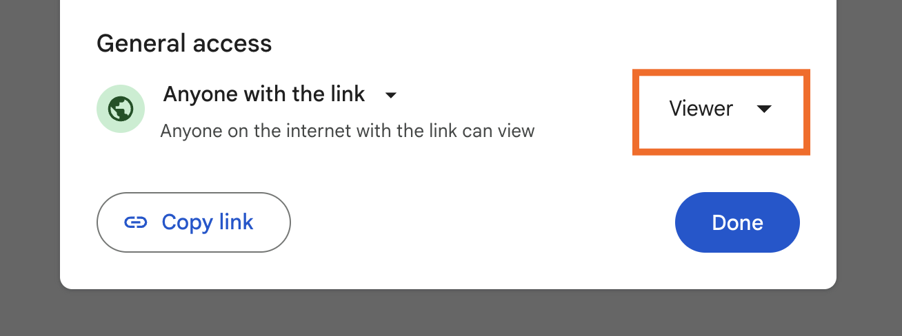 Giving anyone with the link "Viewer" permissions in a Google Doc
