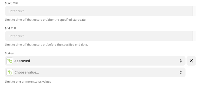 The Zap setup, showing "approved" selected below the Status field.