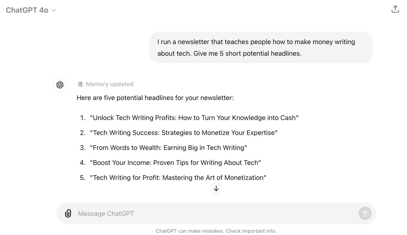 ChatGPT conversation with an AI-generated list of short newsletter headlines. 