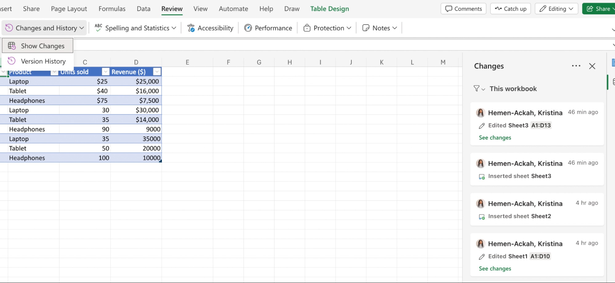 Change history in Excel