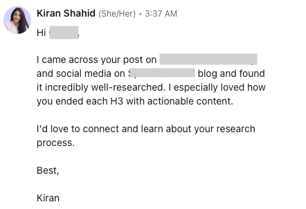 A LinkedIn message from Kiran about another writer's article