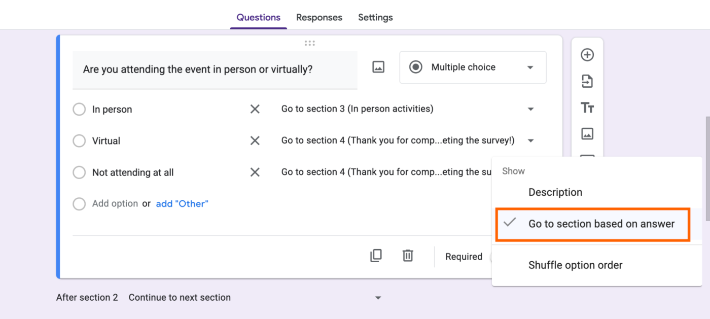 Example of a multiple-choice question field in Google Forms that uses section logic.