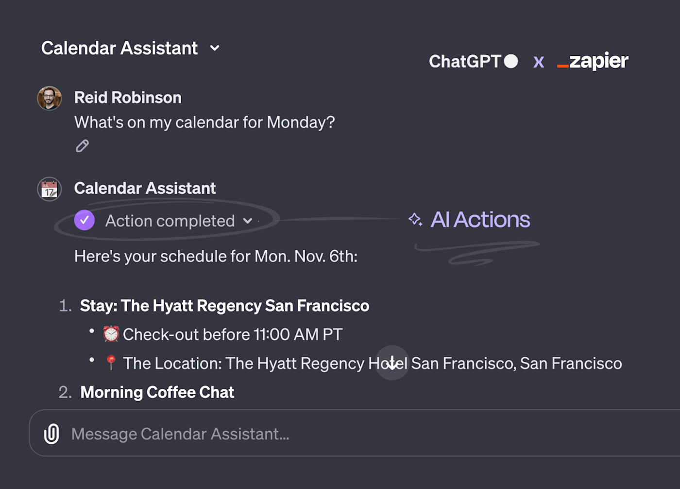 Zapier AI Actions used within ChatGPT to create a calendar assistant.