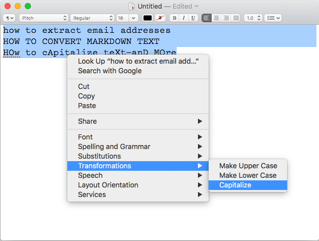 Change capitalization in TextEdit with the built-in macOS text transformations