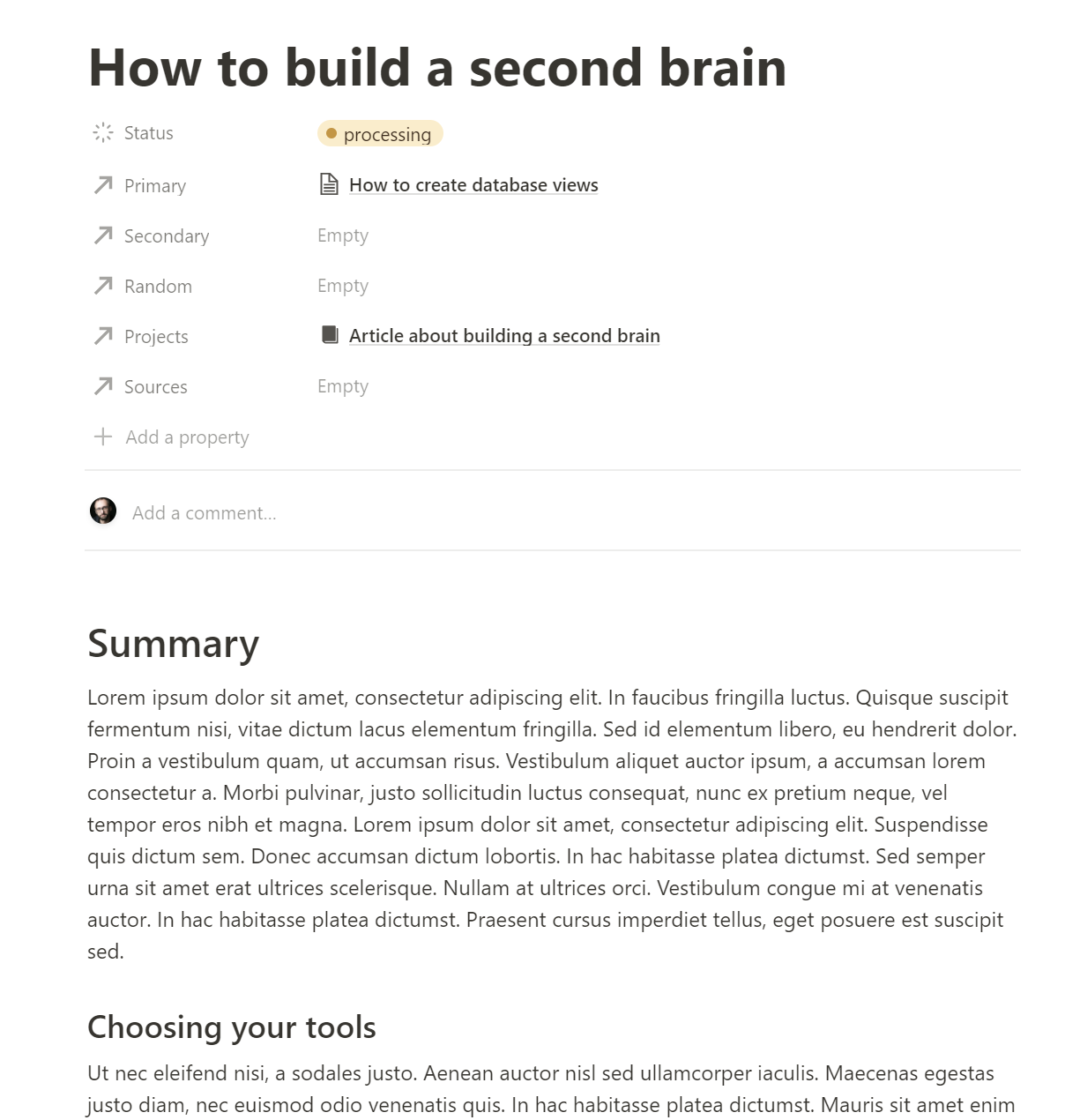 A more robust note in the Notion second brain template