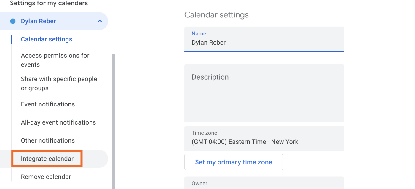 Image showing the Integrate Calendar option in Google Calendar