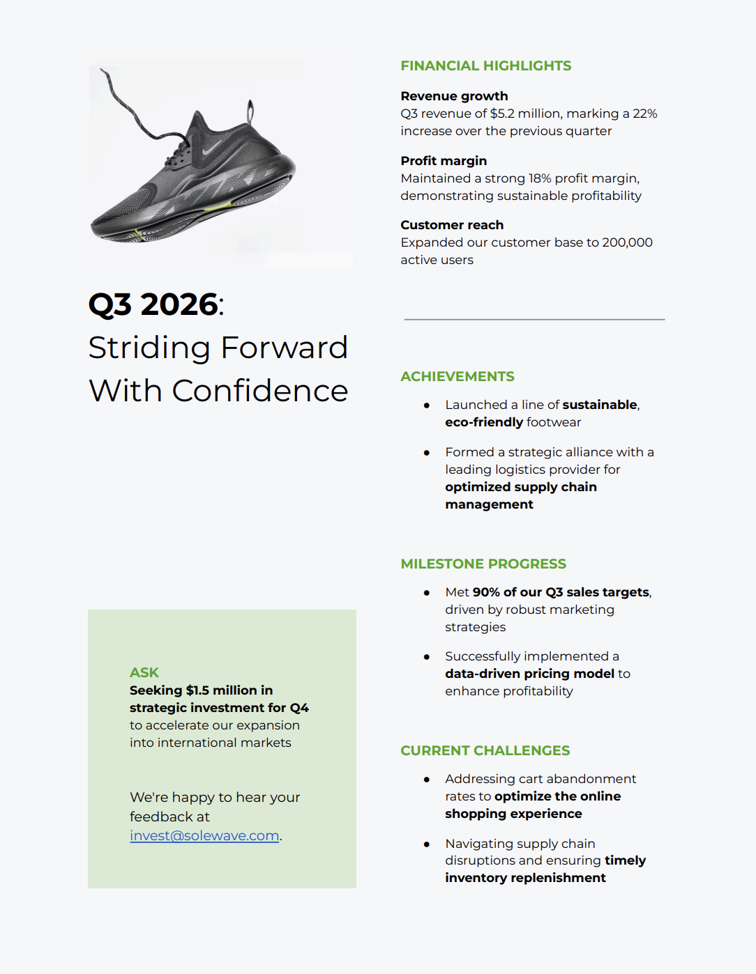 Example of a investor update one-pager including financial highlights, achievements, progress toward milestones, current challenges and potential asks