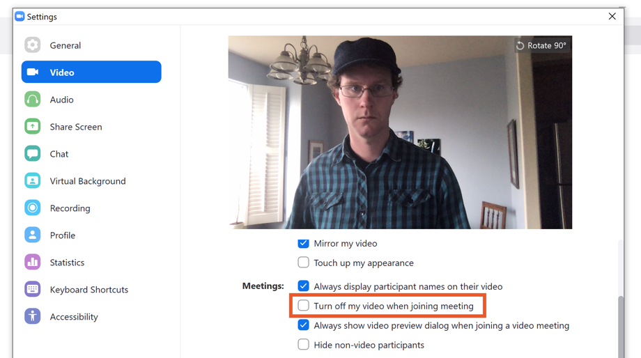 Turning off video by default in Zoom, also my favorite hat