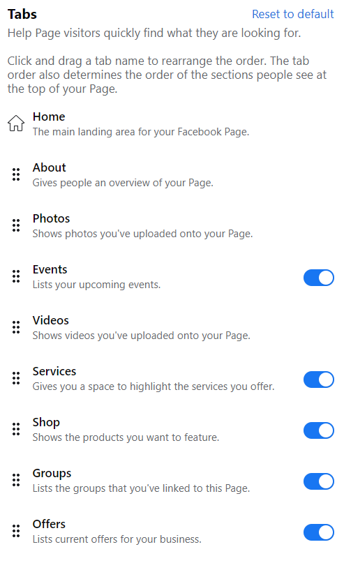 The tab options on the backend of Facebook Pages