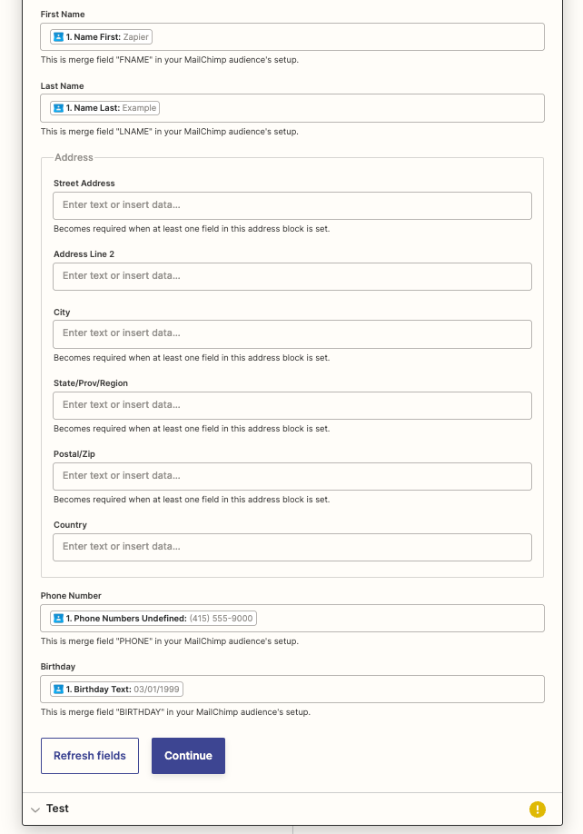 Mailchimp fields in the Zap editor with details added to each field from the previous Google Contacts trigger step.