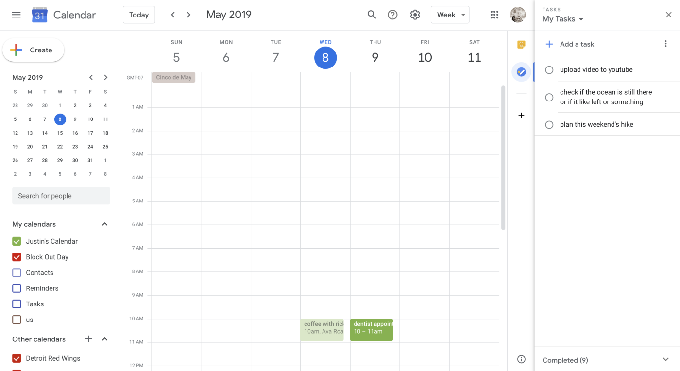Google Tasks sidebar in Google Calendar