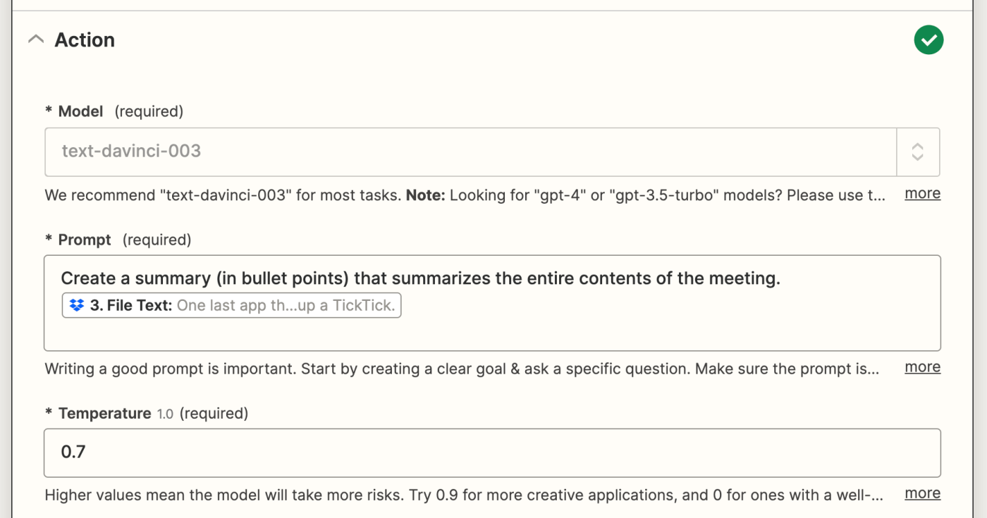 Screenshot of OpenAI action in the Zap editor