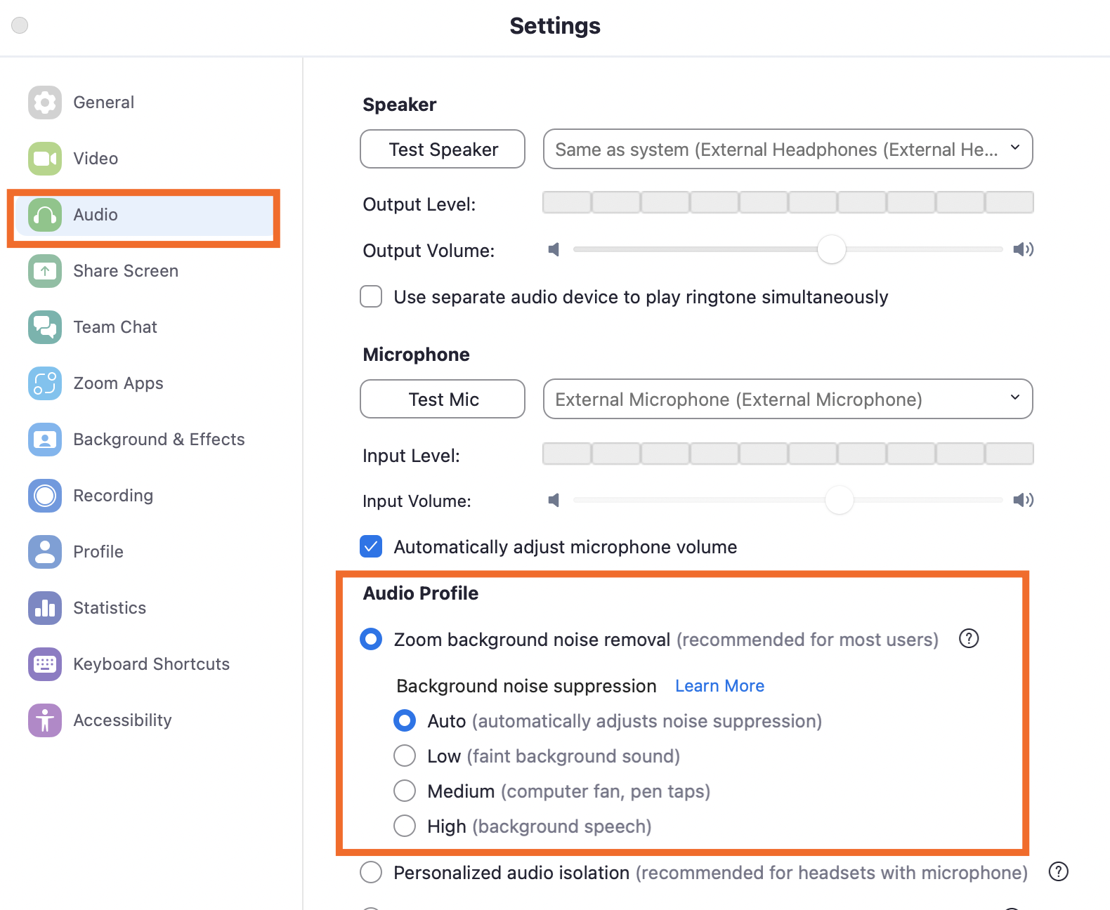 The Audio Profile in Zoom's Audio settings