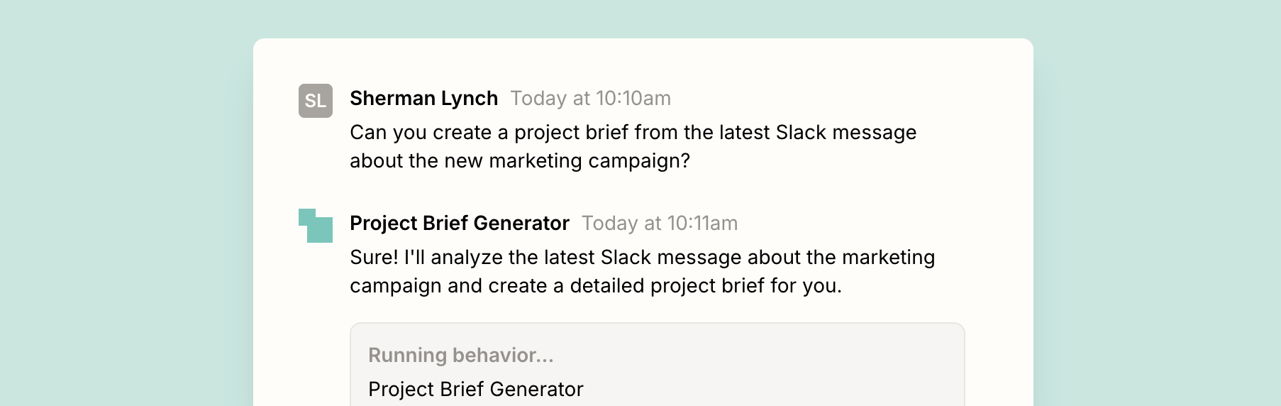 A conversation with an AI agent built in Zapier Agents about creating project briefs from Slack messages