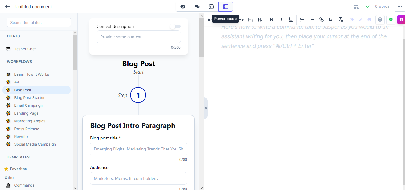 Jasper's Power mode shows the workflow for creating a blog post