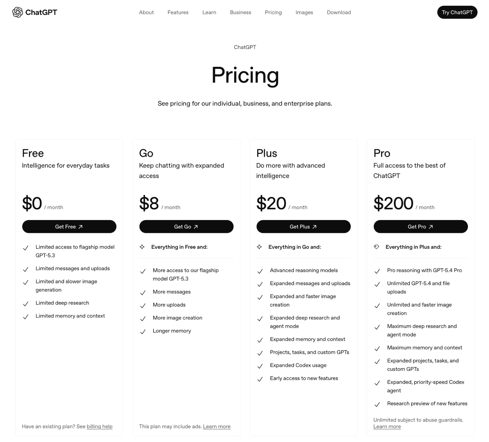 ChatGPT's pricing page