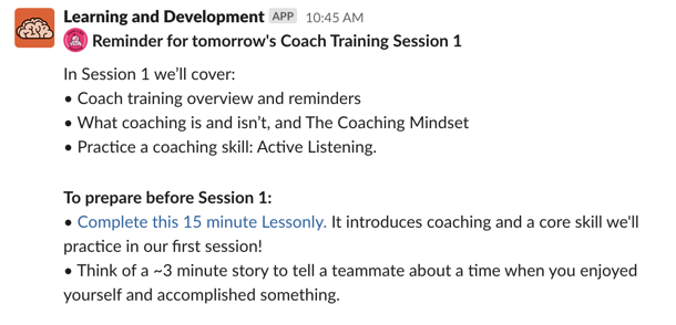 A formatted Slack message announcing a coaching session with details and links for preparing for that session.