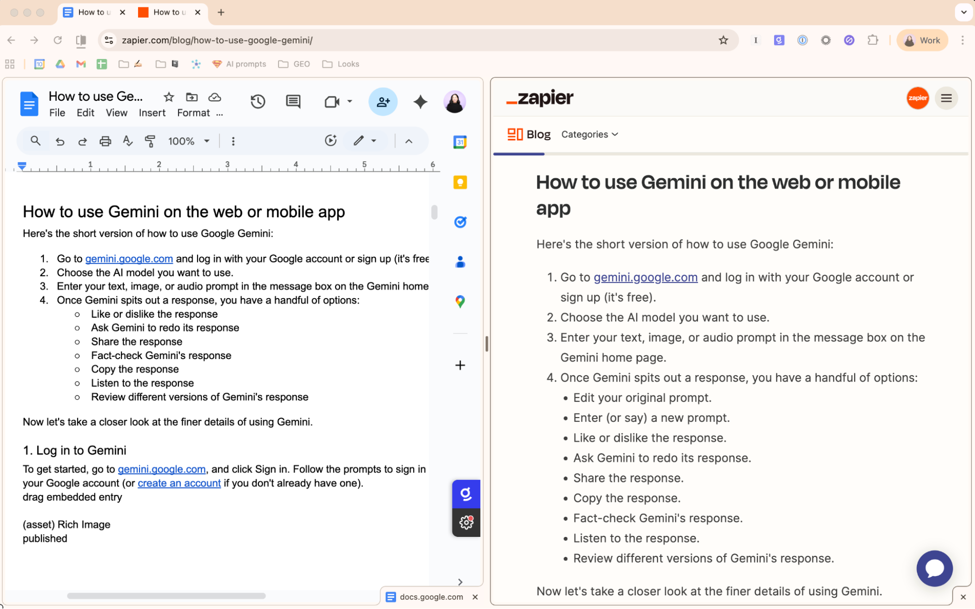Two pages displayed as a split screen in Chrome. 