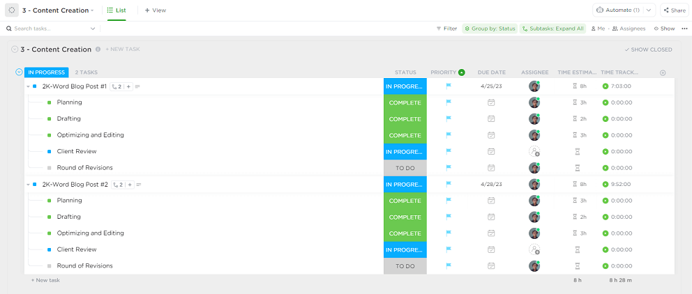 A list view in ClickUp with time estimates