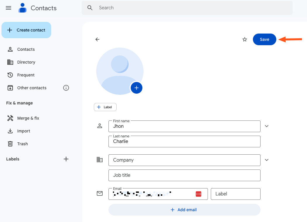 Screenshot of saving contact info in Gmail