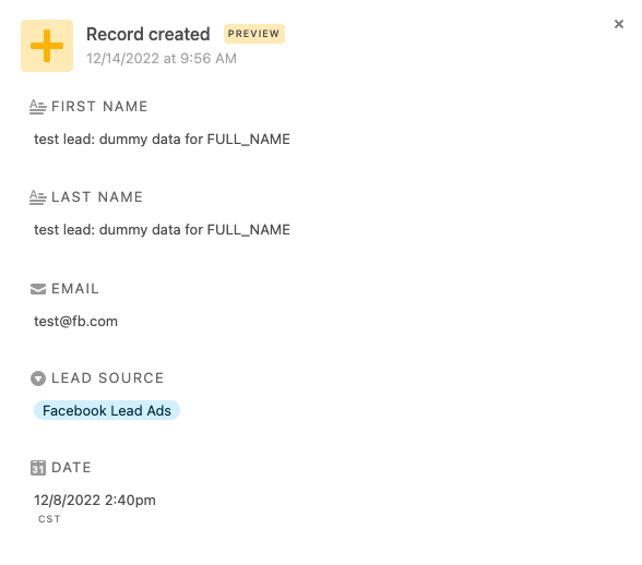 An Airtable record with data from Facebook Lead Ads.