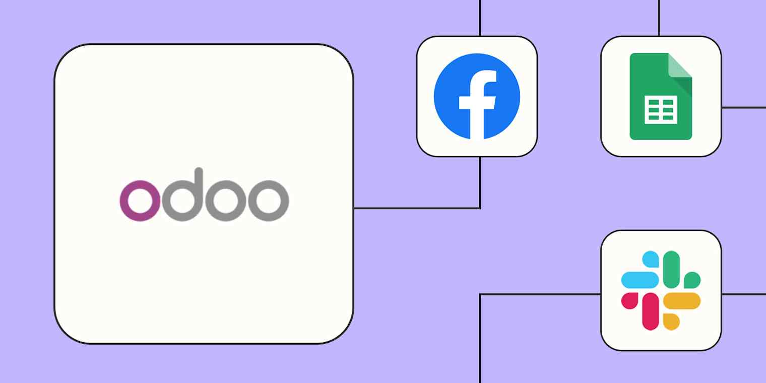 The Odoo CRM logo connected to the Google Ads, Twilio, and Discord logos against a lavender background.