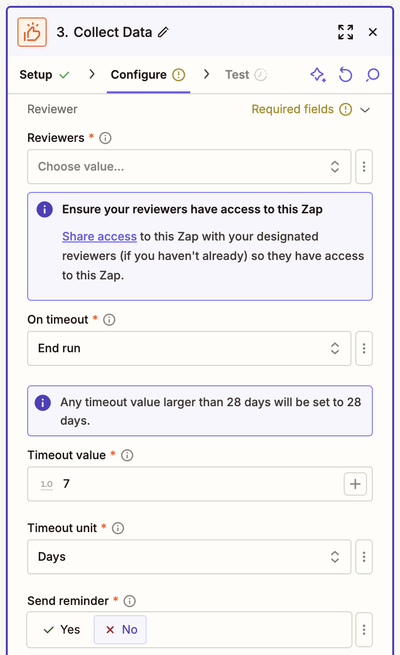 The Configure tab in the Zap editor with options to add reviewers, select an action to occur after timeout, and more