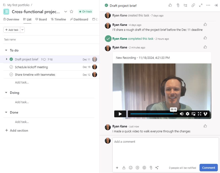 A video embedded in a comment in Asana