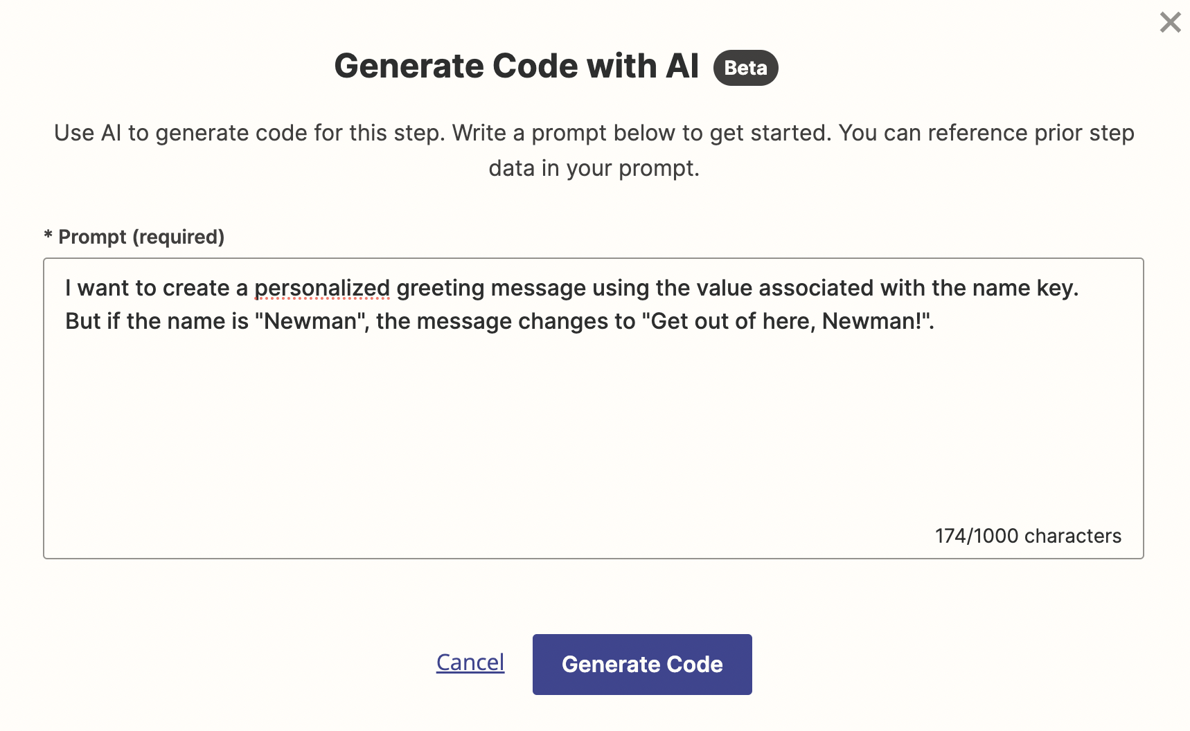 Screenshot of AI prompt step in code action in Zap editor