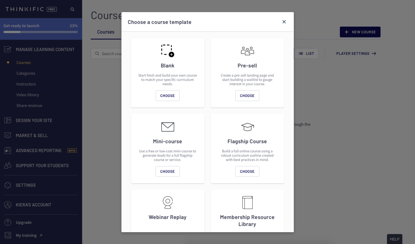 A interface para Thinkific, nossa escolha para o melhor software de criação de cursos online para criar um curso do zero