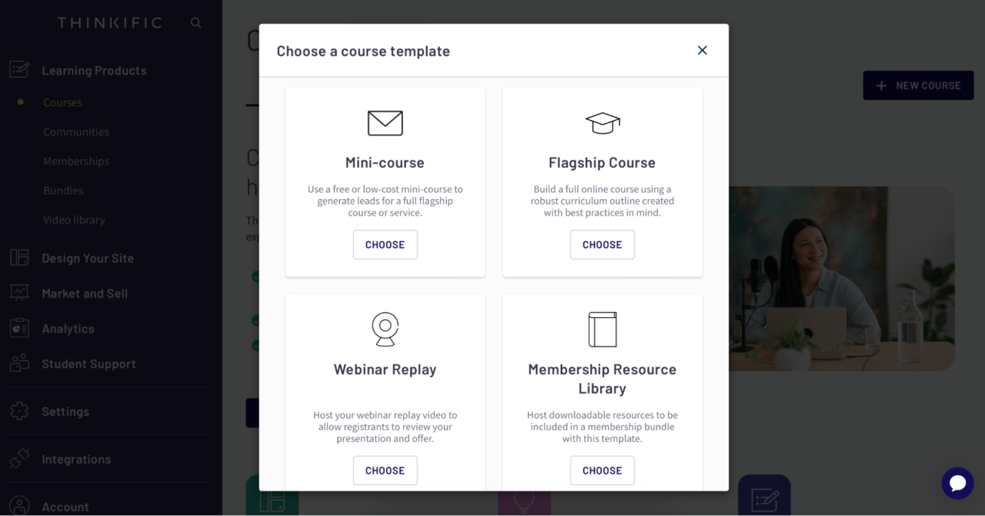 The interface for Thinkific, our pick for the best online course creation software for customizable add-ons