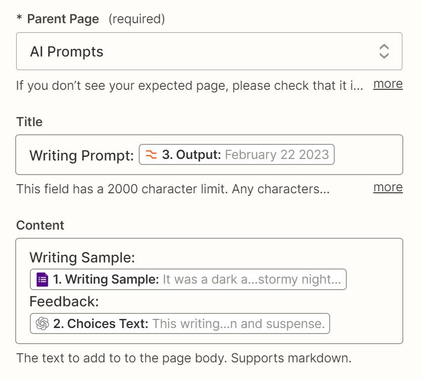 Information from the previous GPT-3 and Google Form steps has been added to the Content field in a Notion Zap step.