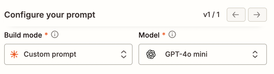 Fields to select a build mode and AI model inside an AI by Zapier action step