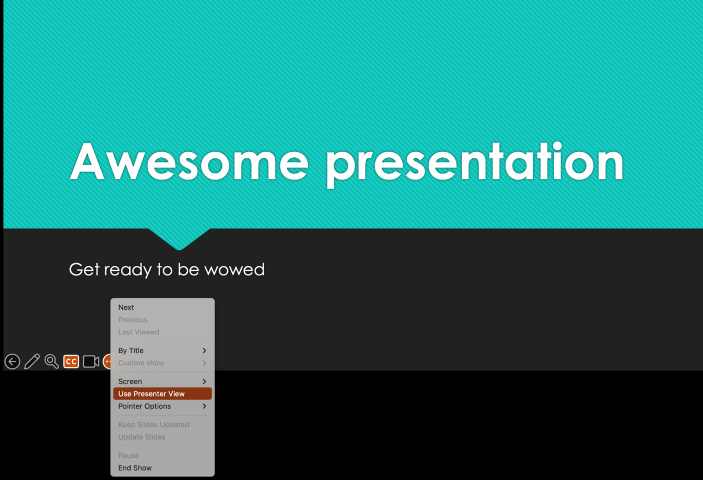 From the full-screen presentation, click the three dots and select Use Presenter View.