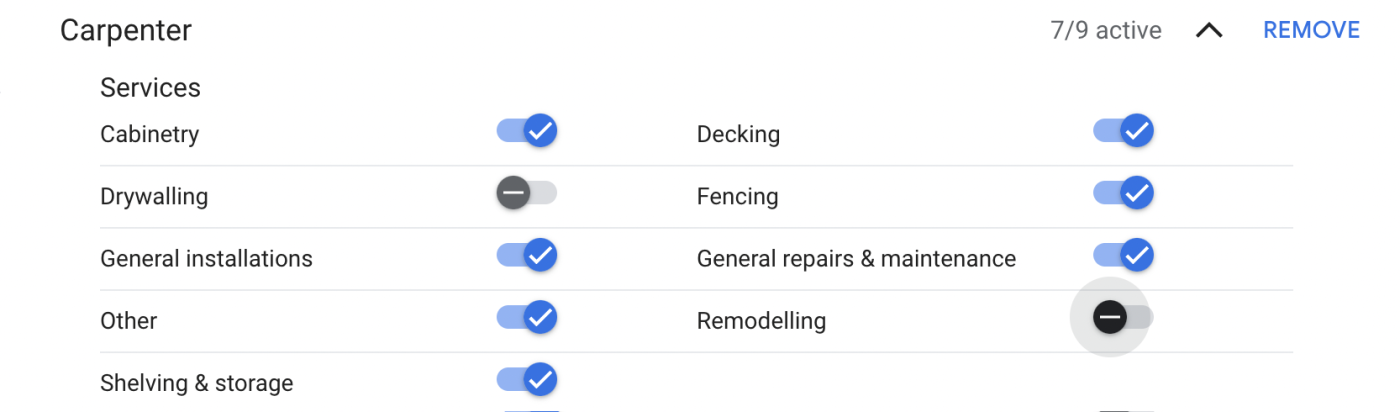 List of carpentry-related services that are available for Google Local Services Ads.