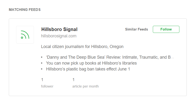 Feedly card for Hillsboro Signal. A green 'Follow' button is on the right.