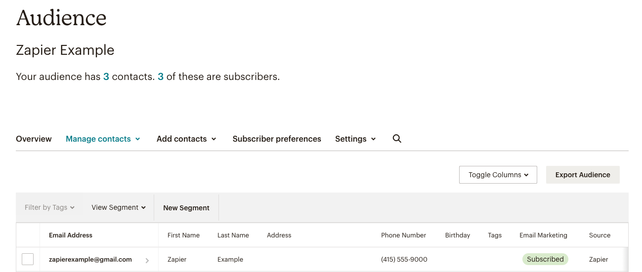 The Audience page in Mailchimp with a new contact added.