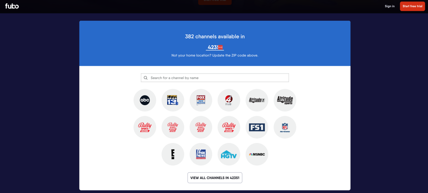Screenshot of the channels Fubo offers with its cable streaming services
