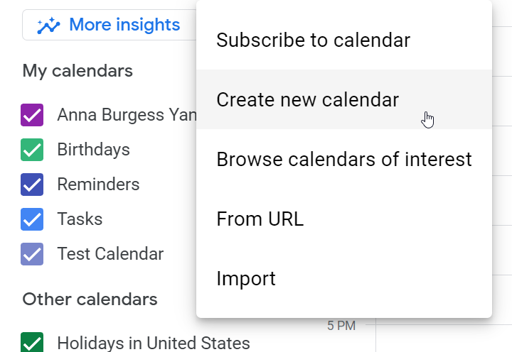 Creating a new Google Calendar within the same account