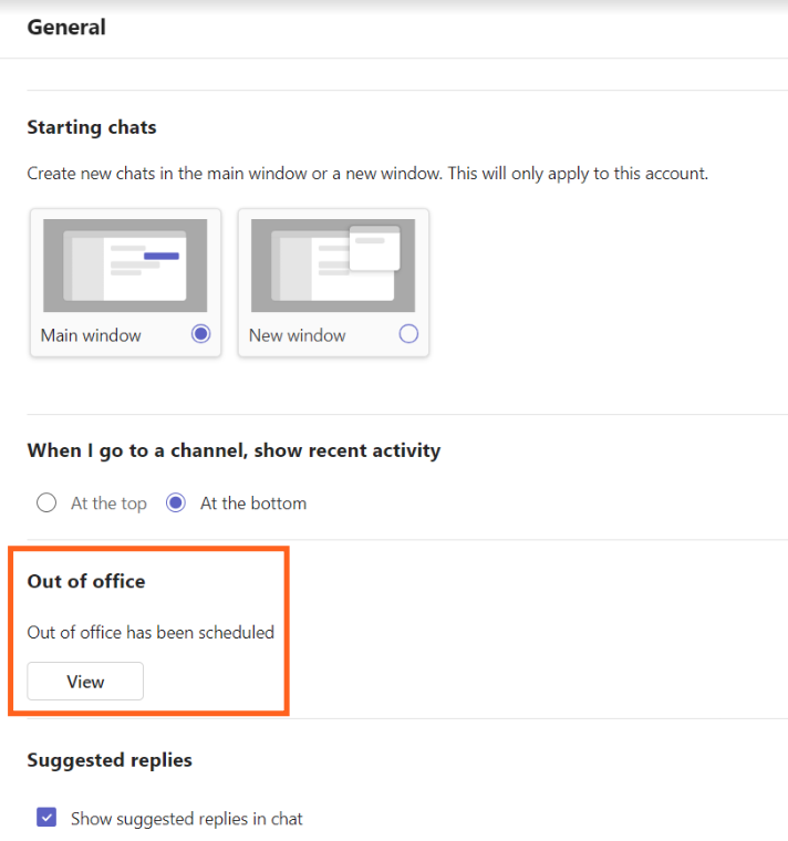 Screenshot of Teams settings menu out of office section