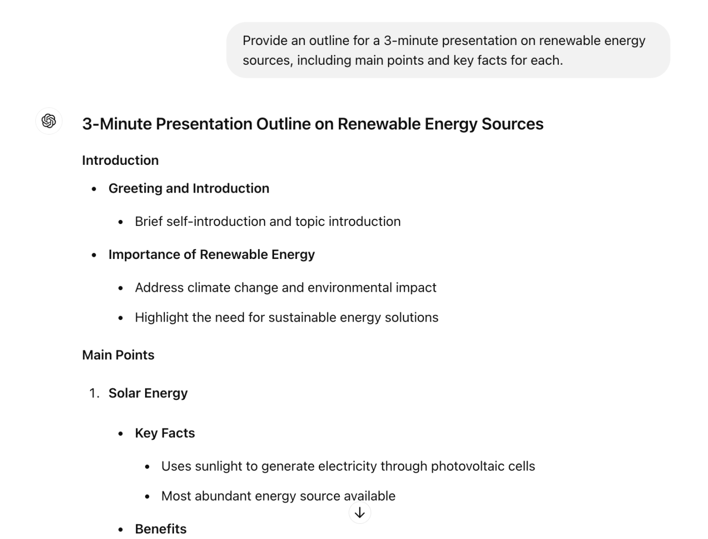 Conversation with ChatGPT. The prompt tells ChatGPT to output a presentation outline.