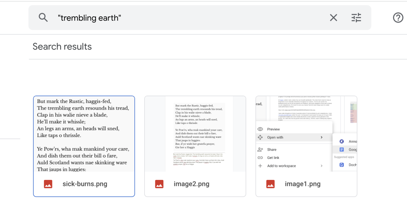 A screenshot of a search for "trembling earth" in Google Drive and three png files appearing in the results