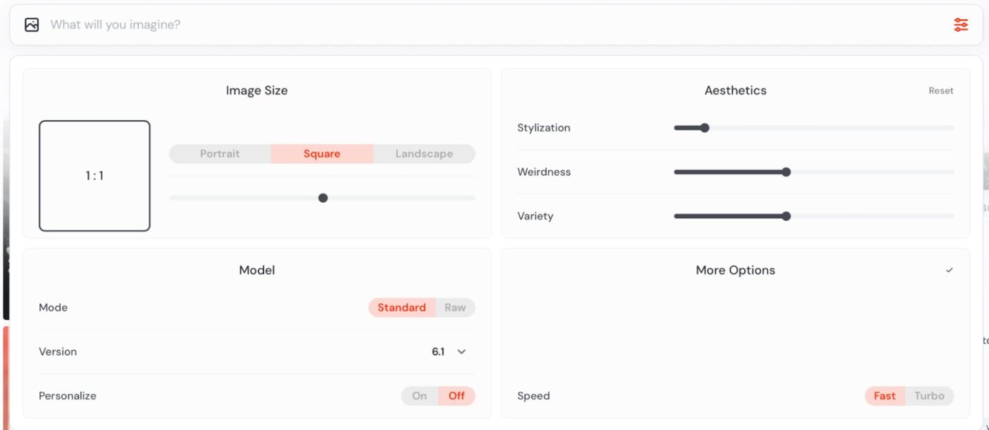 The parameter options in Midjourney